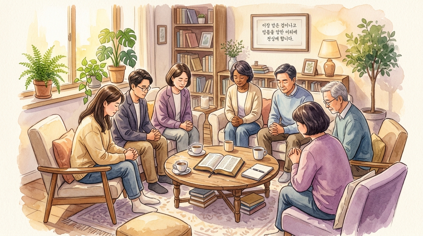 Small group praying together in a warm living room